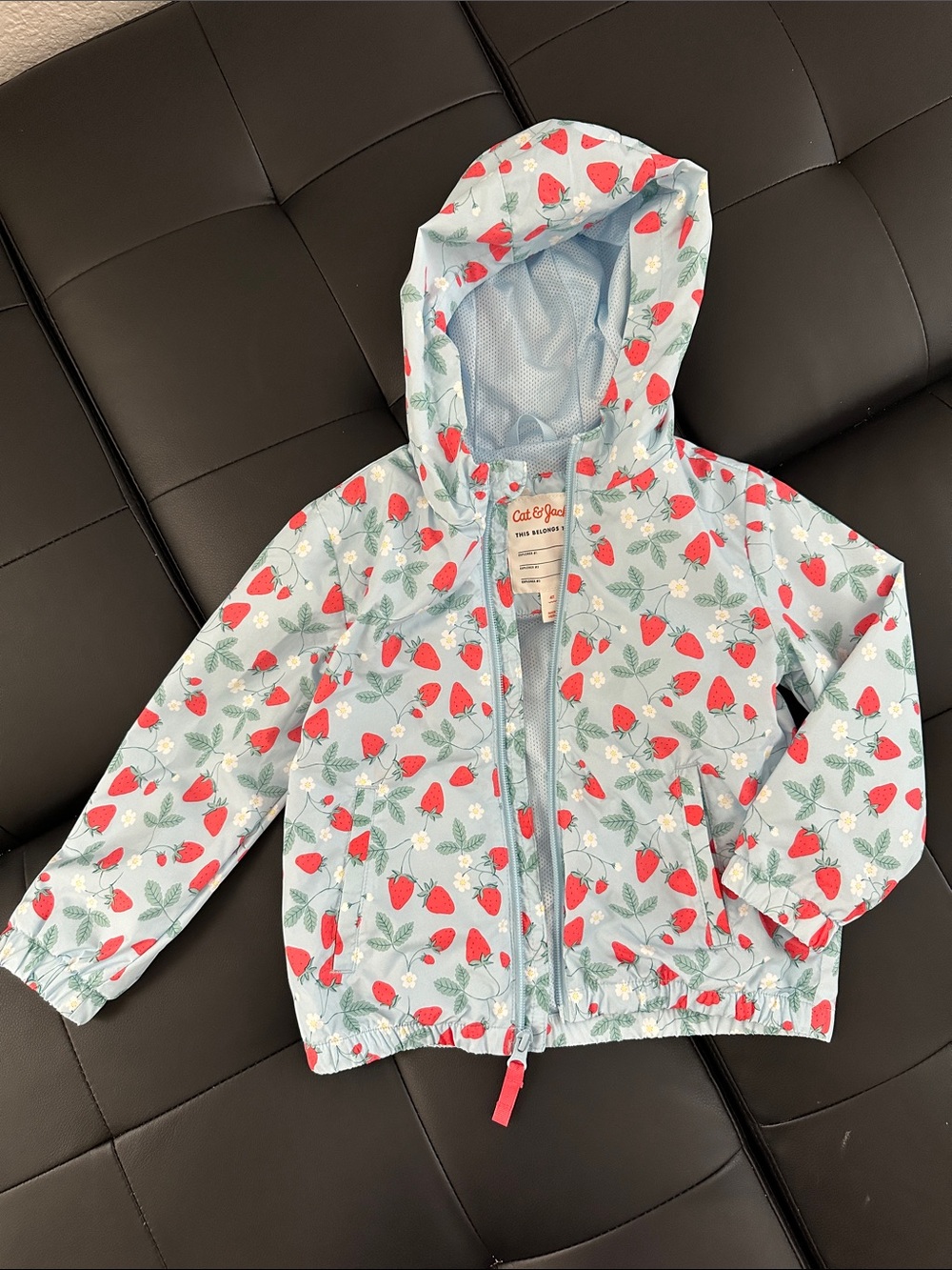 Cat & Jack Light Blue Hooded Rain Jacket with Red Strawberry Print